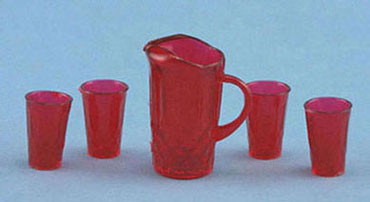 CHRYSNBON - 1 Inch Scale Dollhouse Miniature - Crystal Pitcher With 4 Tumblers Kit Ruby (CB092R)