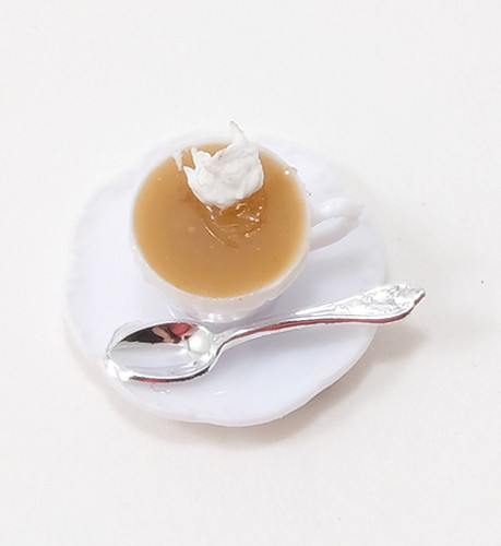 CHRYSNBON - 1 Inch Scale Dollhouse Miniature - Cup Of Hot Cocoa W/whip Cream On Saucer With Spoon (CB170)