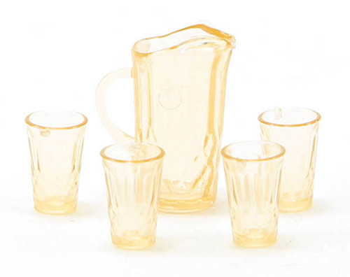CHRYSNBON - 1 Inch Scale Dollhouse Miniature - Pitcher With 4 Glasses Amber (CB88A)