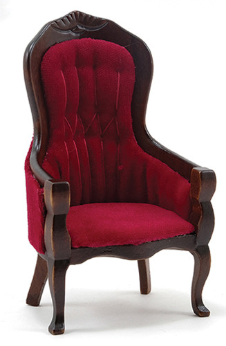 CLASSICS - 1" Scale Victorian Gent's Chair Walnut With Red Velour Fabric Dollhouse Miniature (10968)