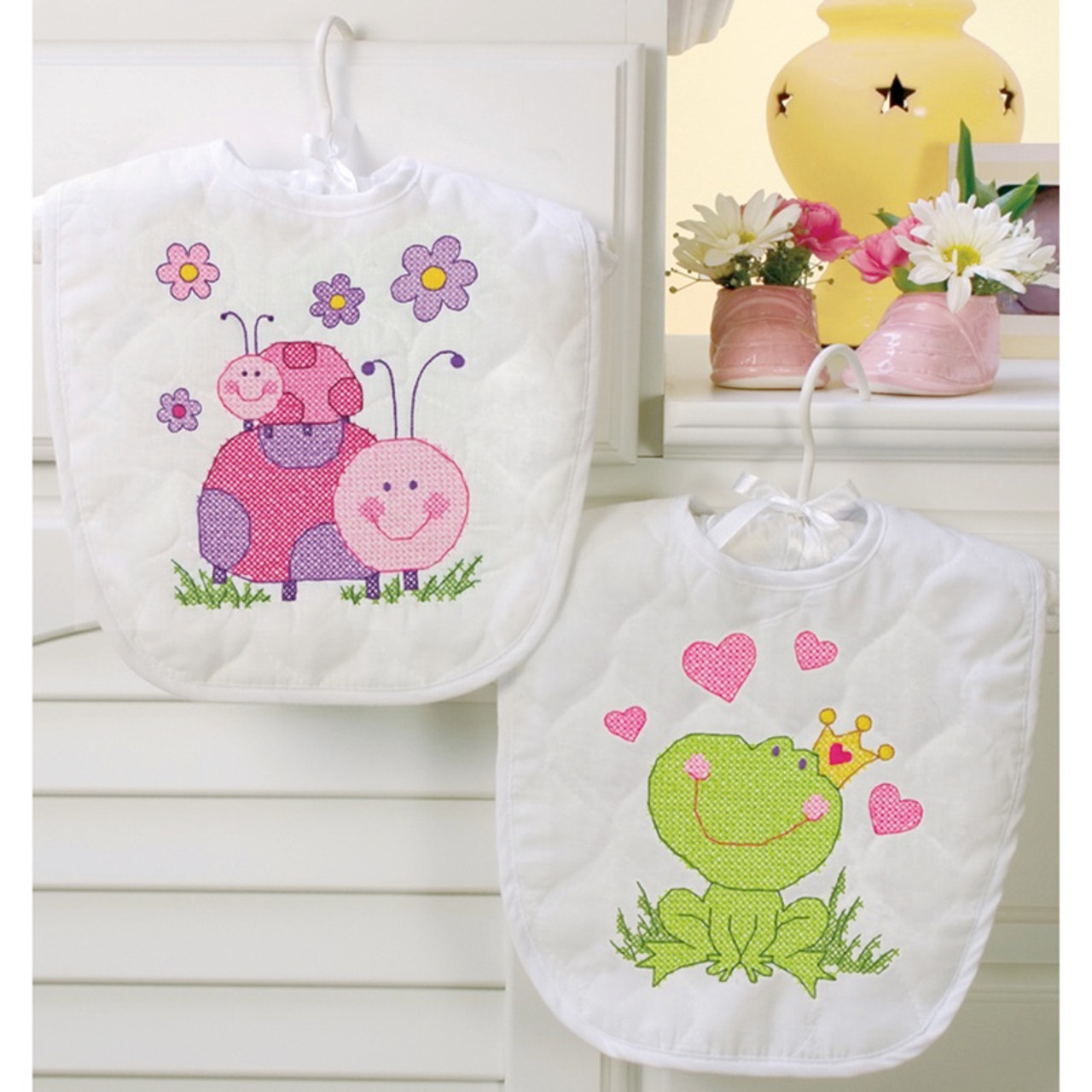 Dimensions Baby Hugs Noah's Ark Bibs Stamped Cross Stitch Kit-9x14 Set of 2