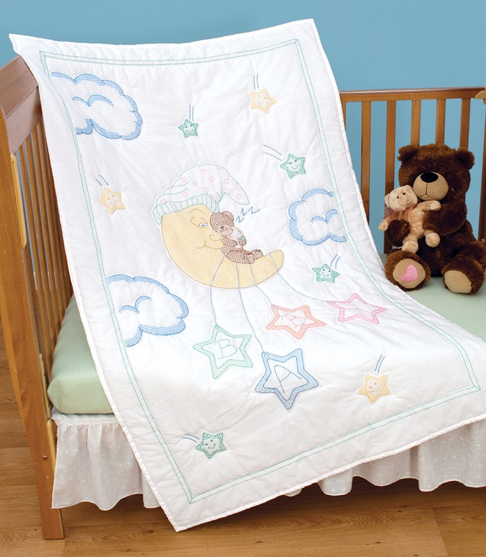 Jack Dempsey 'Bear On The Moon' Stamped Crib Quilt Top Kit - 40x60 Inch Pre-Printed Quilt Panel For DIY Baby Quilting