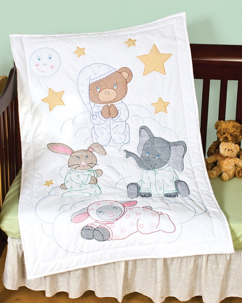 JACK DEMPSEY - Stamped White Quilt Crib Top 40"X60" - Praying Bear & Friends (4060 885) 013155908855