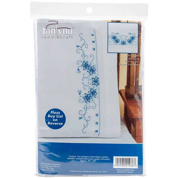 JANLYNN - Stamped Cross Stitch Pillowcase Pair 20"X30"-Blue Floral (21-0936) 049489219367