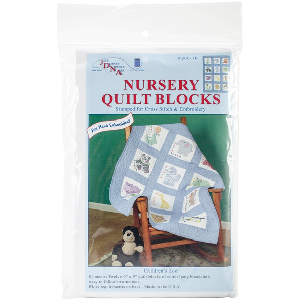JACK DEMPSEY - Stamped White Nursery Quilt Blocks 9"X9" 12/pkg-children's zoo (300 78) 013155150780