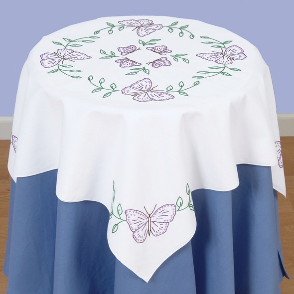 JACK DEMPSEY - Stamped White Perle Edge Table Topper 35"X35"-butterflies (550 307) 013155353075