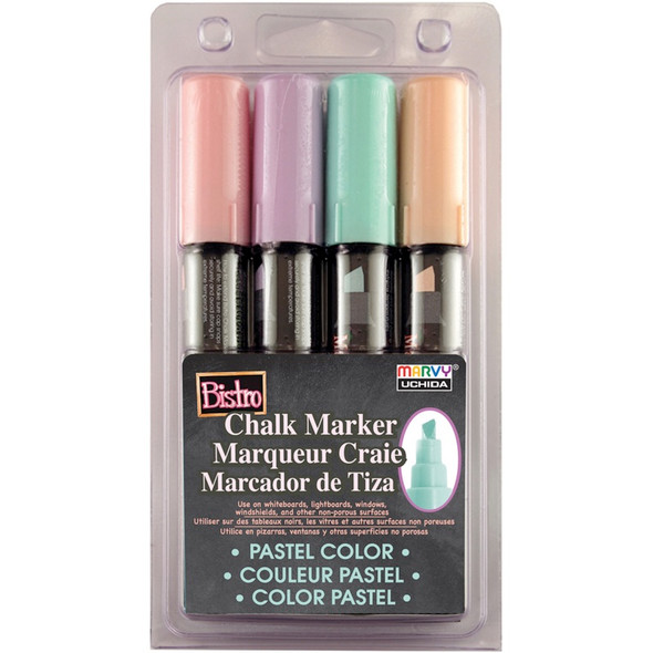 UCHIDA - Bistro Chalk Marker Chisel Tip Set 4/Pkg-Pastel Yellow, Pink, Green & Blue (483-4P) 028617483221