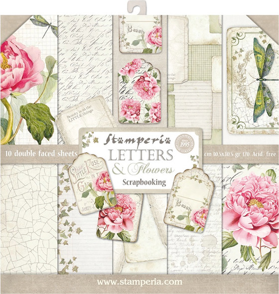 STAMPERIA - Double-Sided Paper Pad 12"X12" 10/Pkg-Letters & Flowers, 10 Designs/1 Each (SBBL22) 8024273970787