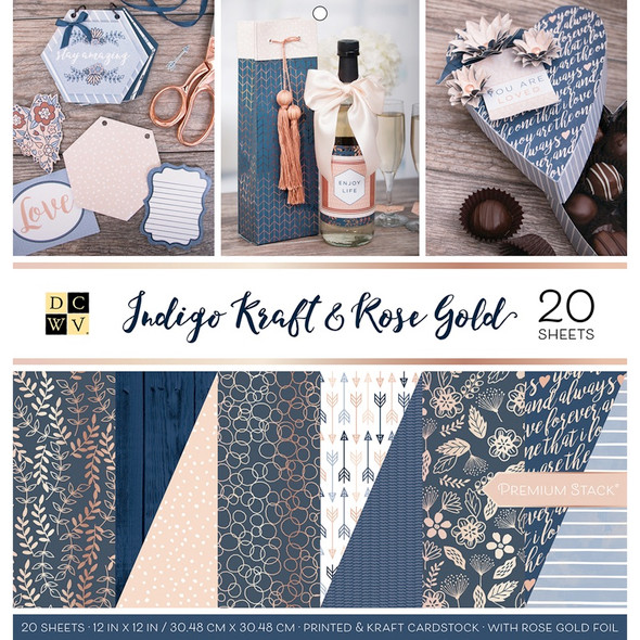 AMERICAN CRAFTS - DCWV Double-Sided Paper Stack 12"X12" 20/Pkg-Indigo Kraft & Rose Gold, 12 with Foil (PS005583) 611356111151