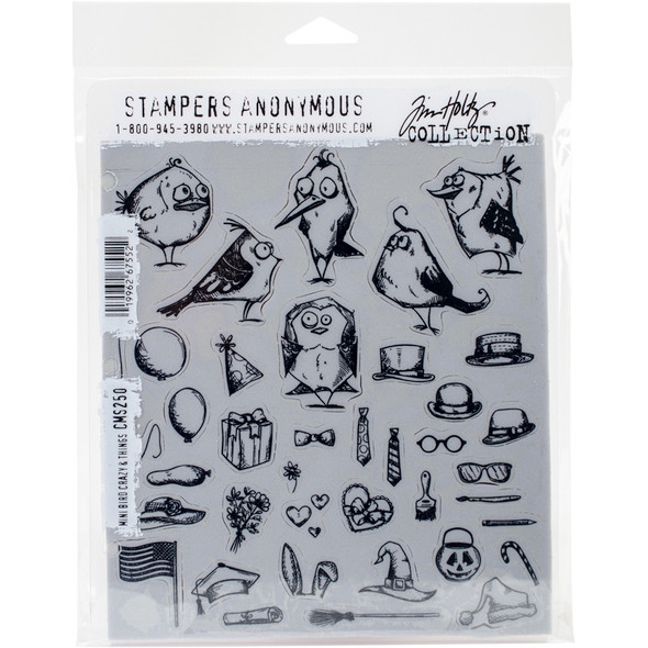 STAMPERS ANONYMOUS - Tim Holtz Cling Stamps 7"X8.5"-Mini Bird Crazy & Things (CMS-LG-250) 019962675522