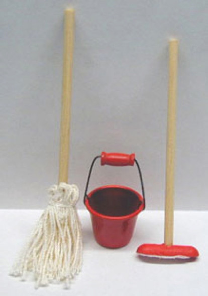 NEW CREATIONS - 1" Scale Dollhouse Miniature - Set of 3 Cleaning Set with Red Bucket (RA0108)