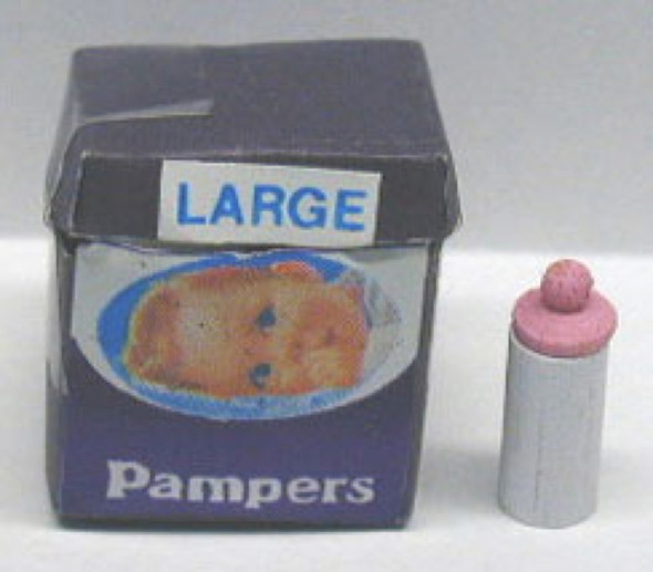 NEW CREATIONS - 1" Scale Dollhouse Miniature - Pampers With Baby Bottle - Opens (RA0116)