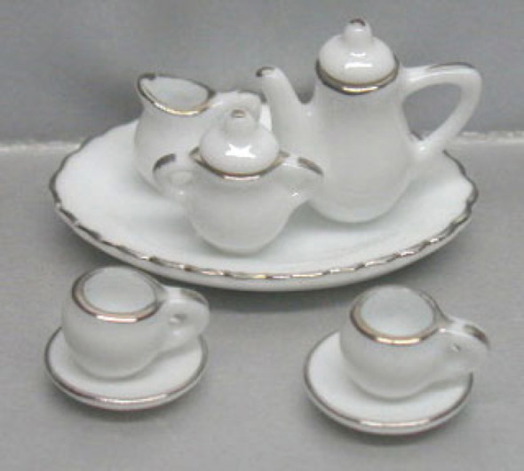 NEW CREATIONS - 1" Scale Dollhouse Miniature - 10 Piece White with Silver Trim Tea Service (RBD15)