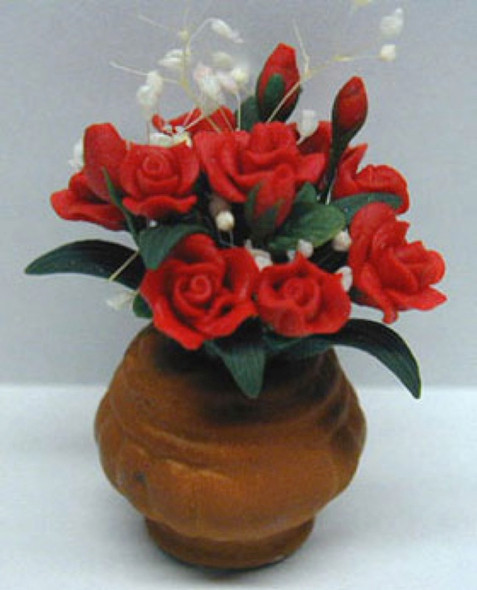 NEW CREATIONS - 1" Scale Dollhouse Miniature - Red Roses In Large Pot (RP0258)