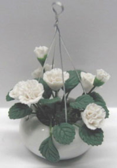 NEW CREATIONS - 1" Scale Dollhouse Miniature - White Roses in a Hanging Pot 2 3/8 Inches (RP0742)