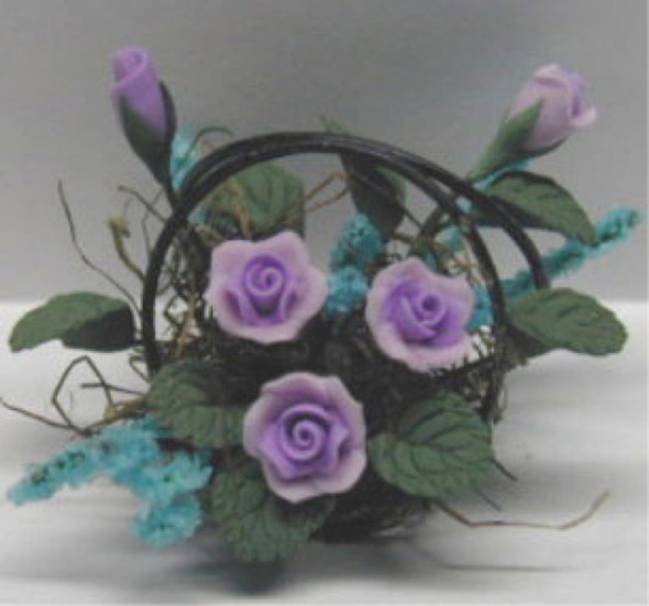 NEW CREATIONS - 1" Scale Dollhouse Miniature - Lavender Roses in a Wire Basket 1 1/4 (RP1360)