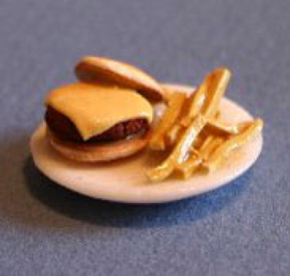 RAINDROP MINIATURES - 1" Scale Dollhouse Miniature - Cheeseburger Plate With Fries (28)