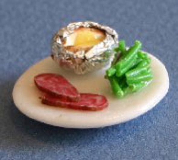 RAINDROP MINIATURES - 1" Scale Dollhouse Miniature - Dinner Plate- Roast Beef Baked Potato and Green Beans (48)