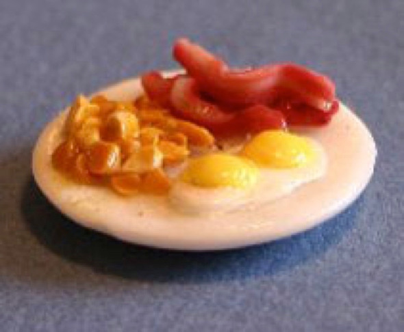 RAINDROP MINIATURES - 1" Scale Dollhouse Miniature - Breakfast Plate - Sunny Side Up Eggs Bacon and Hash Browns (6)
