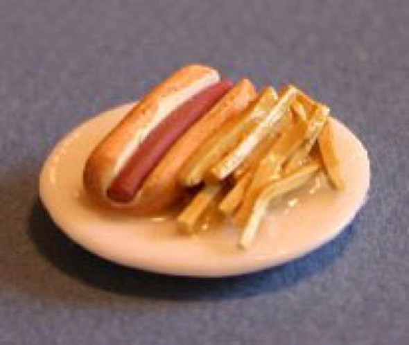 RAINDROP MINIATURES - 1" Scale Dollhouse Miniature - Hot Dog Plate With Fries (66)