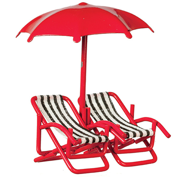 OakridgeStores.com | AZTEC - 1/2 Scale 2 Chairs, Umbrella, Red - Dollhouse Miniature (B0193)