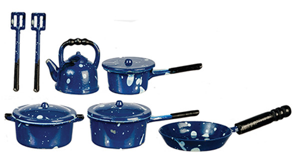 OakridgeStores.com | AZTEC - Metal Blue Spatter Kitchenware 10 Piece Set - Dollhouse Miniature (G6104)