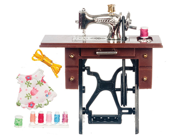 OakridgeStores.com | AZTEC - Silver Sewing Machine with Sewing Notions - Dollhouse Miniature (G7328)