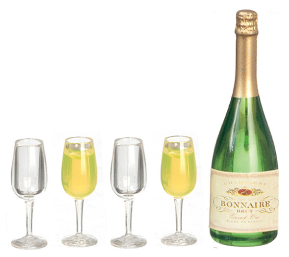 OakridgeStores.com | AZTEC - Champagne Bottle with 4 Glasses - Dollhouse Miniature (G7365)