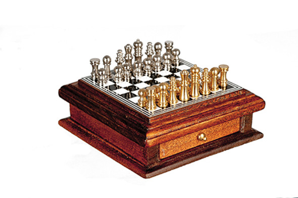 OakridgeStores.com | AZTEC - Chess Board With Drawer Walnut - Dollhouse Miniature (S1626A)