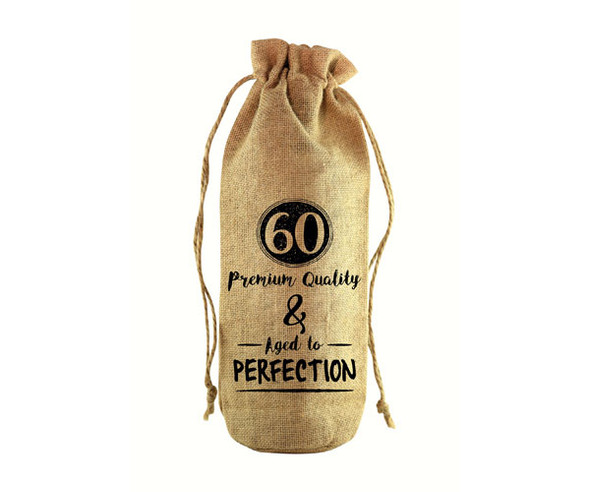 OakridgeStores.com | Zee's Creations - 60 & Aged to Perfection Jute Wine Bottle Sack (JB1005) 817441016961