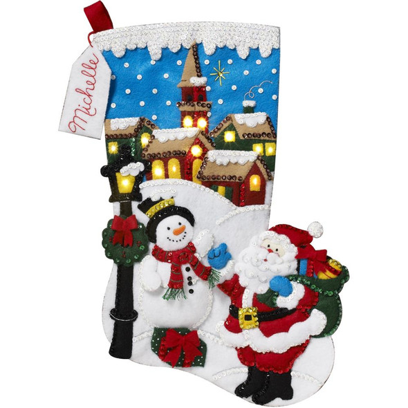 OakridgeStores.com | Bucilla - Christmas Village W/Lights Bucilla Felt Stocking Applique Kit 18" Long (86818) 046109868189