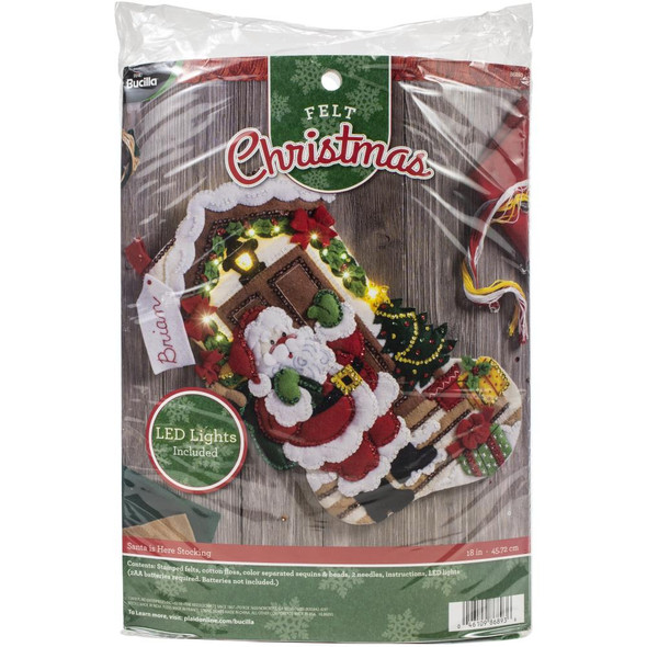 OakridgeStores.com | Bucilla - Santa Is Here W/Lights Bucilla Felt Stocking Applique kit 18" Long (86893) 046109868936