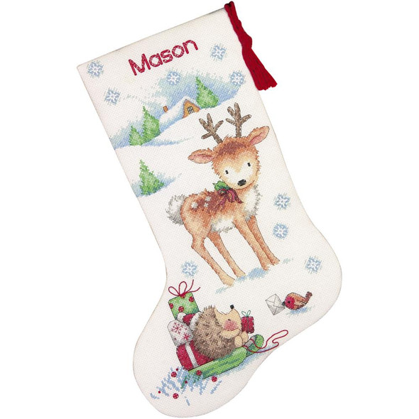 OakridgeStores.com | Dimensions - Reindeer Hedgehog Stocking (14 Count) Dimensions Counted Cross Stitch Kit 16" Long (70-08978) 088677089788
