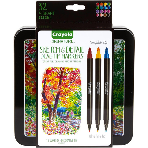 OakridgeStores.com | Crayola - Assorted Colors 16/Pkg Crayola Signature Sketch & Detail Dual-Tip Markers W/Tin (58-6511) 071662065119