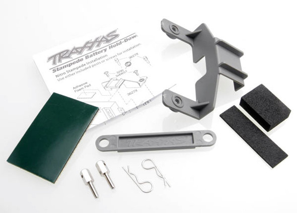 OakridgeStores.com | TRAXXAS RC Battery hold-down (grey) (1) / receiver hold-down (grey) (1) / metal posts (2)/ spacers (2)/ body clips (2)/ servo tape/ adhesive foam pad (TRA-3627X) 020334362797