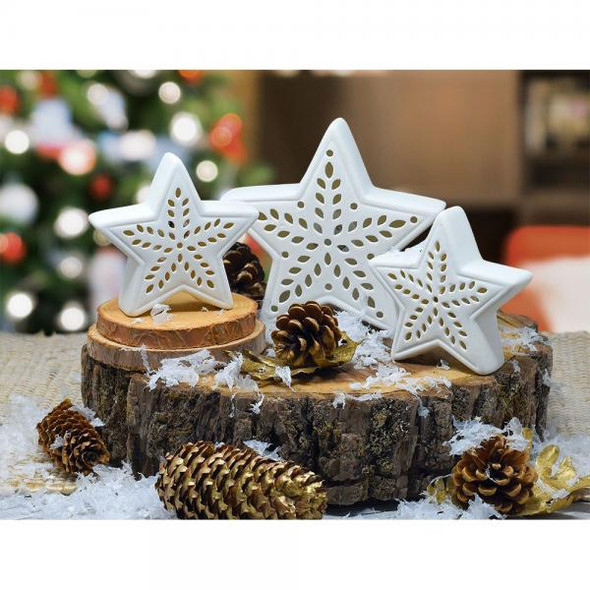 OakridgeStores.com | CBM Deco - Holiday White Star Set - LED Illuminated Porcelain Set of 3 (GE3014) 645194083202