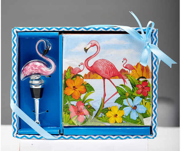OakridgeStores.com | LS Arts Inc - Designer Hostess Napkin & Stopper Gift Set - Flamingo.. (HS-072) 630613039113