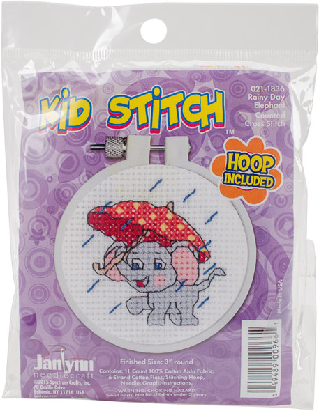 OakridgeStores.com | Janlynn/Kid Stitch Mini Counted Cross Stitch Kit 3" Round - Rainy Day Elephant (11 Count) (21-1836) 049489009661