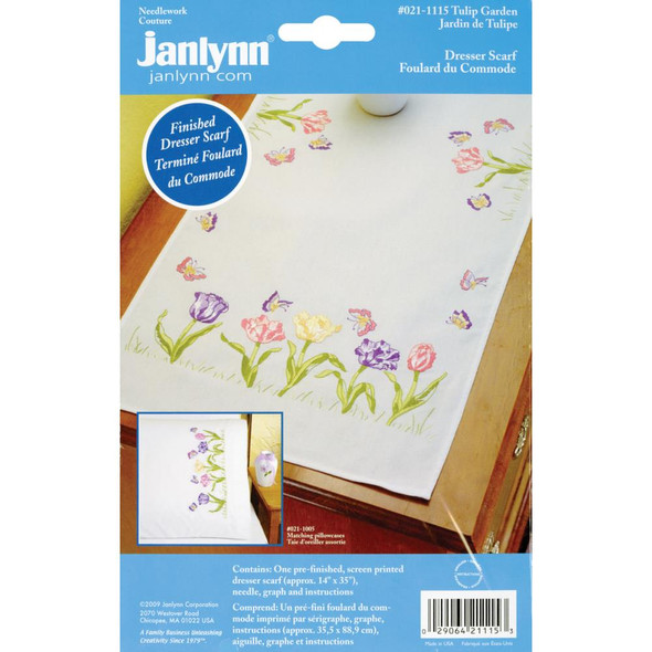 OakridgeStores.com | Janlynn Stamped Embroidery Dresser Scarf 14"X35" - Tulip Garden (21-1115) 029064211153