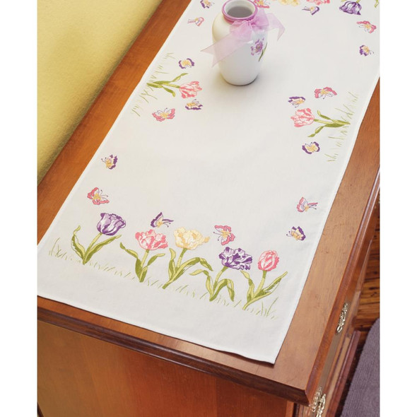 OakridgeStores.com | Janlynn Stamped Embroidery Dresser Scarf 14"X35" - Tulip Garden (21-1115) 029064211153