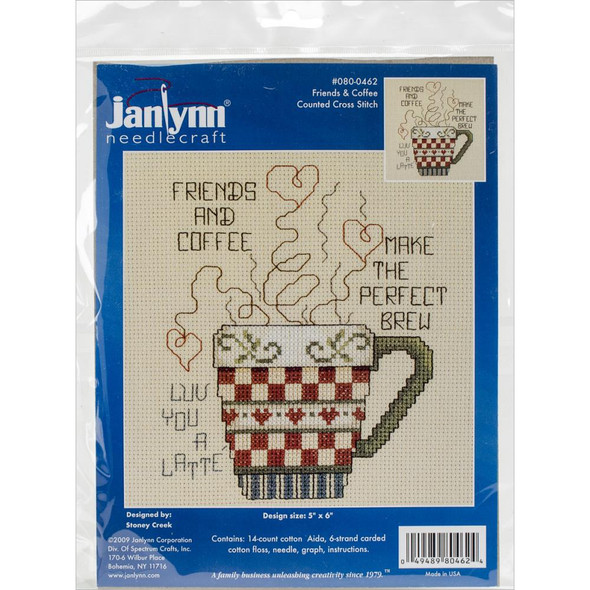OakridgeStores.com | Janlynn Mini Counted Cross Stitch Kit 5"X6" - Friends & Coffee (14 Count) (80-0462) 049489804624