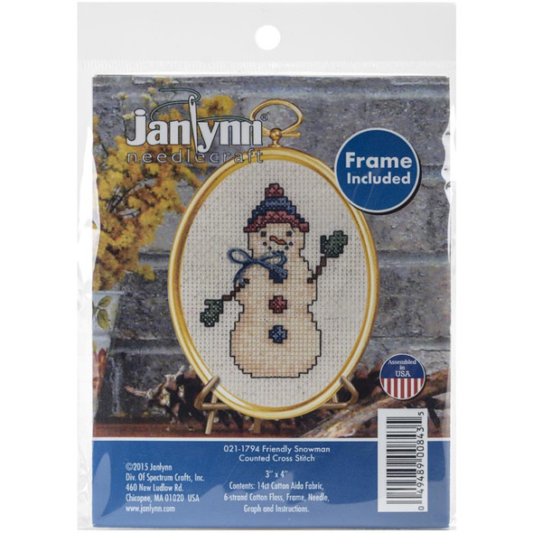 OakridgeStores.com | Janlynn Mini Counted Cross Stitch Kit 3"X4" - Friendly Snowman (14 Count) (21-1794) 049489008435