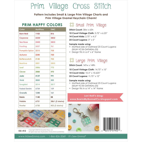 OakridgeStores.com | It's Sew Emma Cross Stitch Pattern - Prim Village W/ Enamel Charm (ISE412) 602573579527