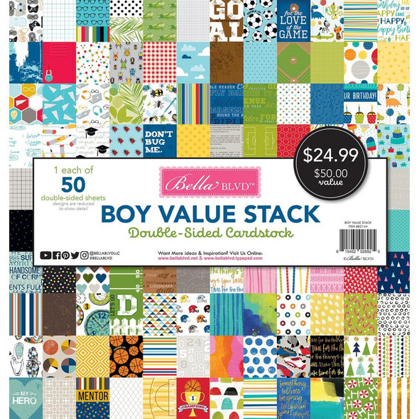OakridgeStores.com | Bella Blvd - Double-Sided Paper Cardstock Stack 12"X12" 50/Pkg - Boy (BB2144) 815462028925