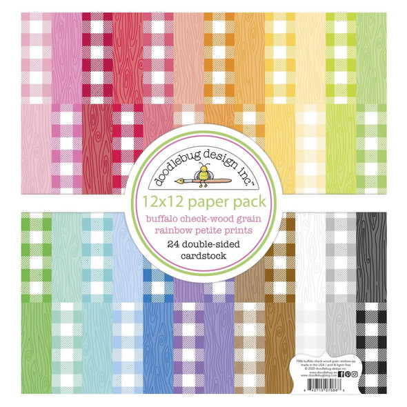 OakridgeStores.com | Doodlebug - Petite Prints Double-Sided Paper Cardstock 12"X12" 24/Pk - Buffalo Check-Wood Grain Rainbow (MBW7086) 842715070868