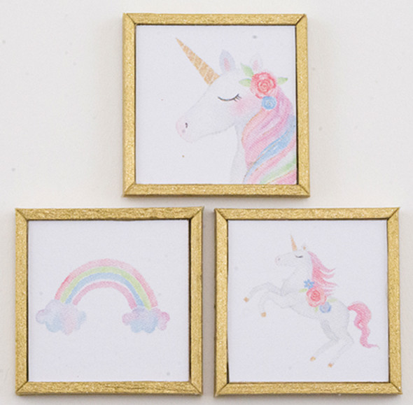 OakridgeStores.com | KC Pictures - Unicorn Mini Picture Set - set of 3 - 1" Scale Dollhouse Miniature (KF32)