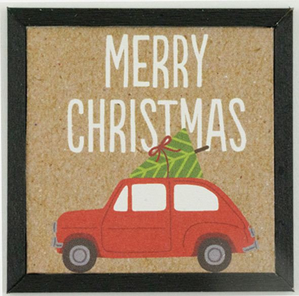 OakridgeStores.com | KC Pictures - Christmas Car with Tree Picture - black frame - 1" Scale Dollhouse Miniature (XM16)