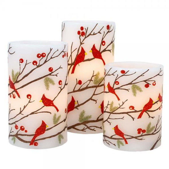 OakridgeStores.com | Gift Essentials - Illuminated Cardinals and Greenery LED Candle 3 Pc. Set (GE3054) 645194085275