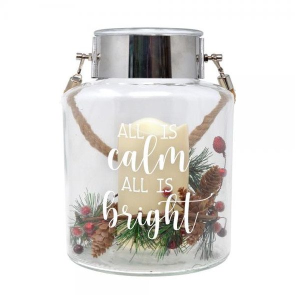 OakridgeStores.com | Gift Essentials - Illuminated Christmas "All is Calm" 8 inch Canister with Wreath & Candle LED (GE3055) 645194085282