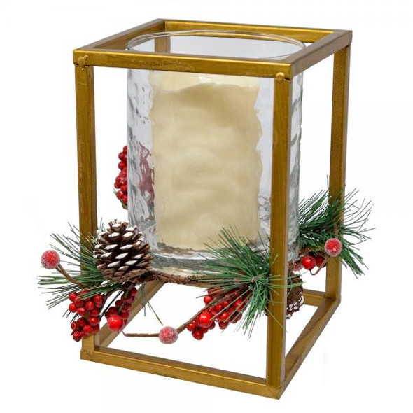 OakridgeStores.com | Gift Essentials - Illuminated Christmas "Pine and Berries" 9 inch Candle Holder w/Wreath Decor LED (GE3056) 645194085299